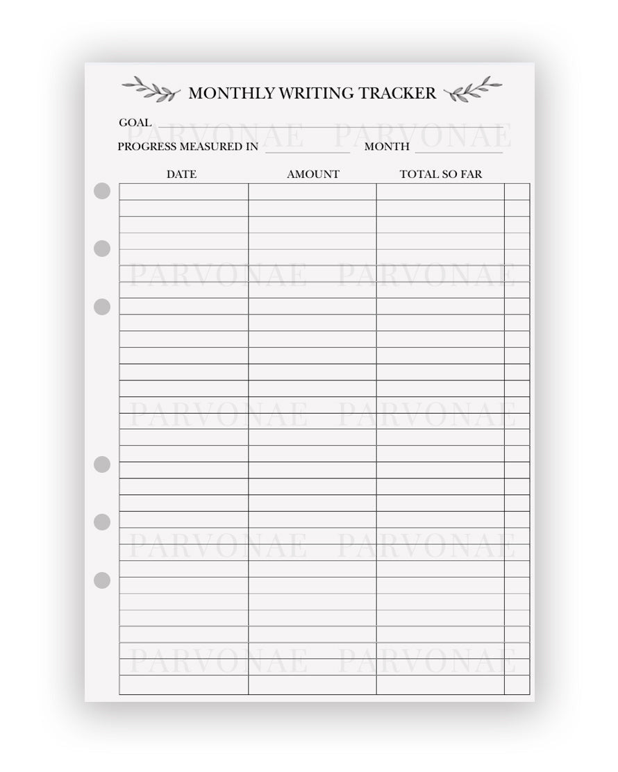 Monthly Writing Tracker - Planner Insert